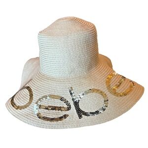 Bebe Women's Woven Wide Brim Sun Hat Gold Sequin‎ Logo; Tan; One Size